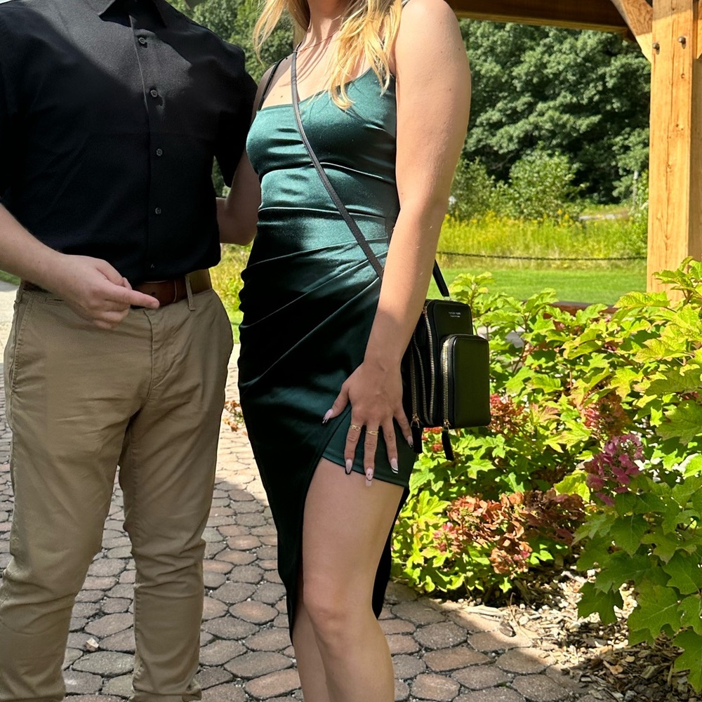 Windsor Asymmetrical Green Satin Dress - Picture 2 of 7